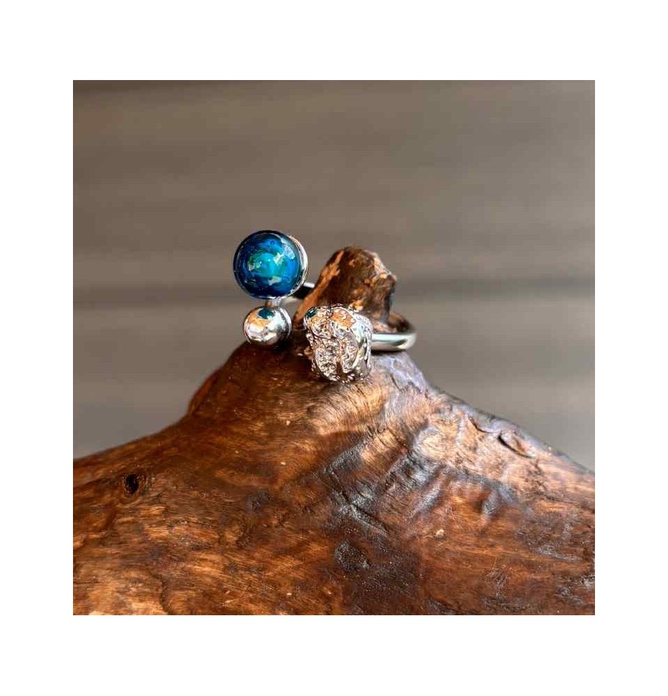 Bague réglable acier inoxydable avec perle de verre – Nouveau modèle - Bleu vert