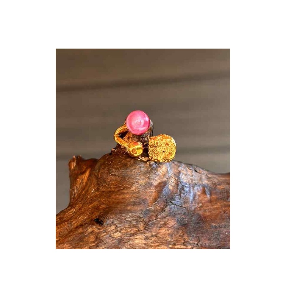 Bague réglable acier inoxydable doré avec perle de verre – Nouveau modèle - Rose