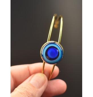 Bracelet rigide doré – cabochon en verre artisanal fait main - Dégradé bleu