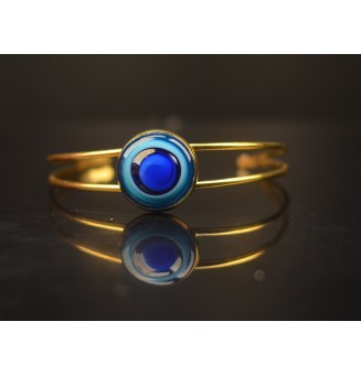 Bracelet rigide doré – cabochon en verre artisanal fait main - Dégradé bleu