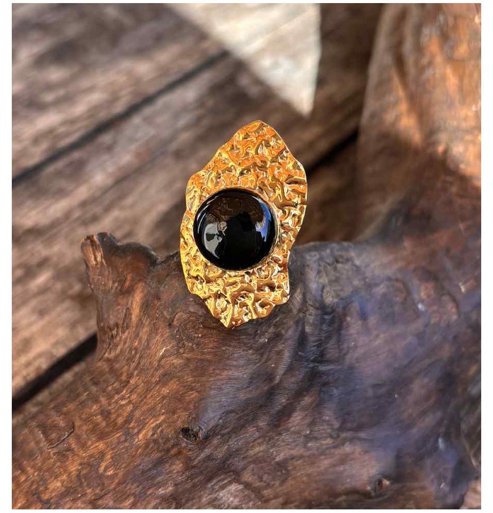 Bague réglable femme NOIR en acier inoxydable martelé avec cabochon en verre filé – bijou artisanal fait main Liloo Créations