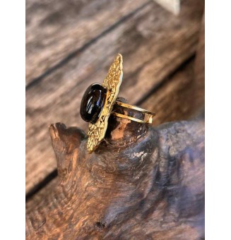 Bague réglable femme NOIR en acier inoxydable martelé avec cabochon en verre filé – bijou artisanal fait main Liloo Créations