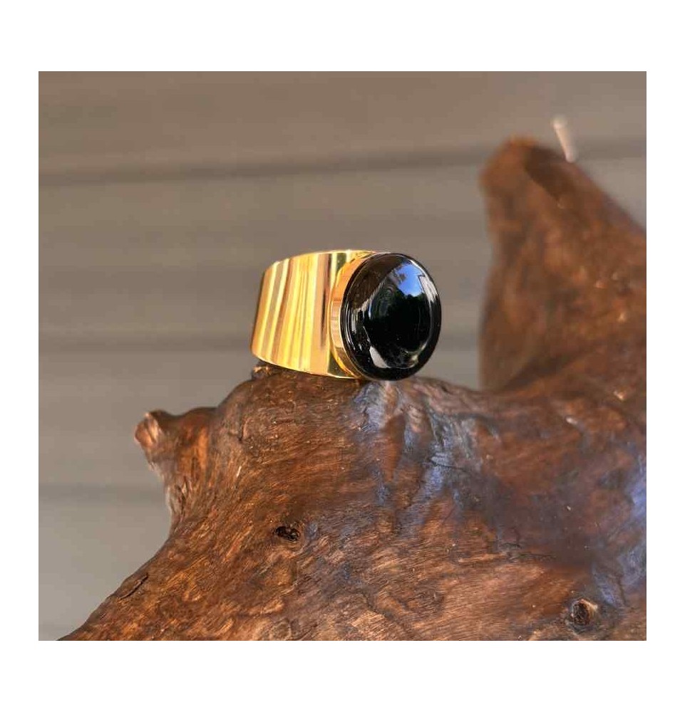 Bague Large Dorée avec Cabochon en Verre Filé – Modèle Unique - NOIR