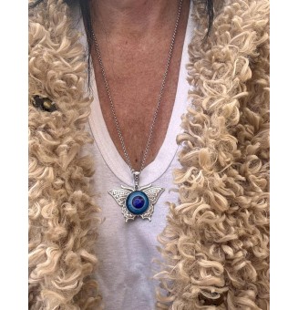 Collier Papillon et Cabochon en Verre – Bleu  - 60 cm