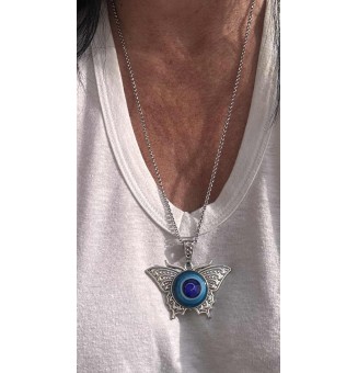 Collier Papillon et Cabochon en Verre – Bleu  - 60 cm