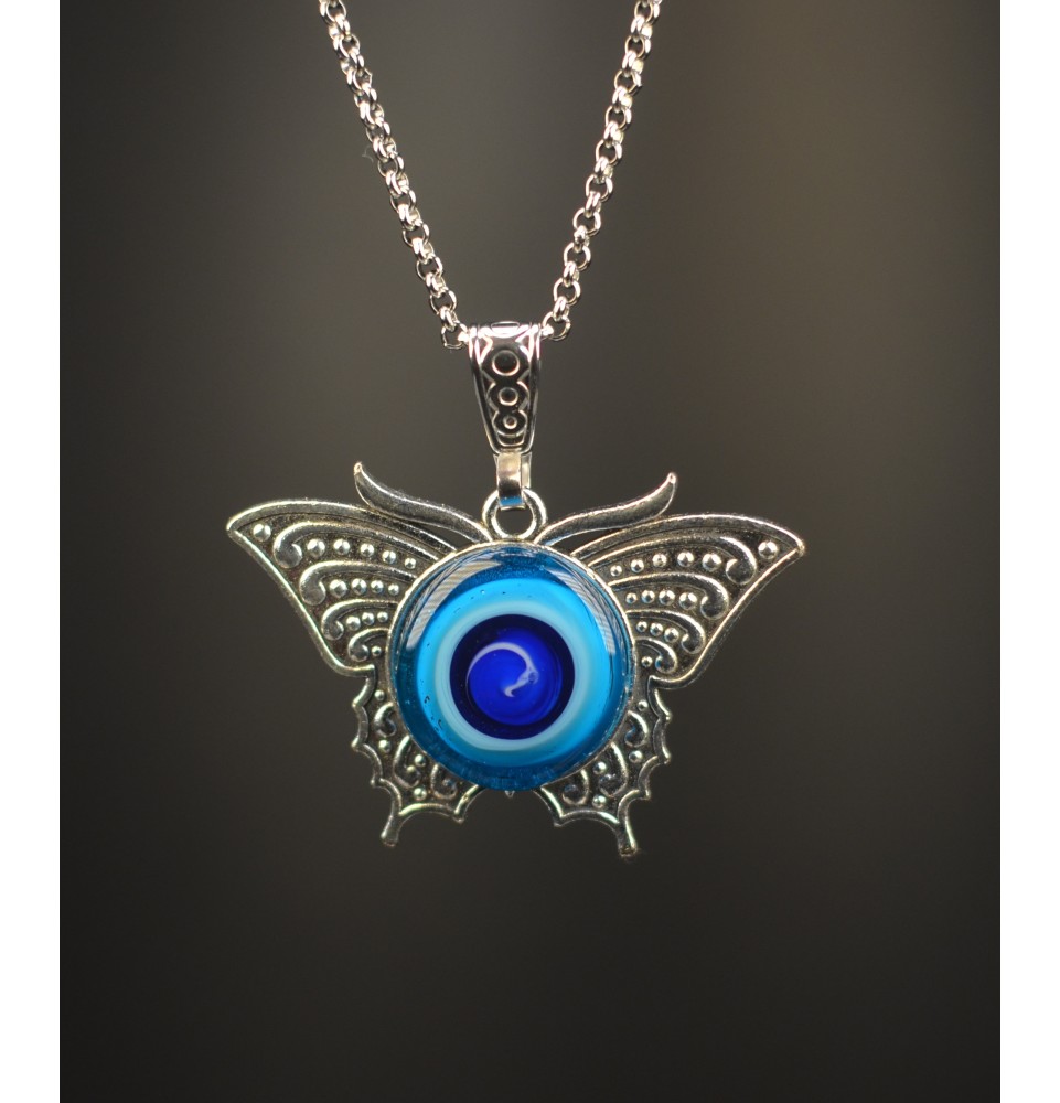 Collier Papillon et Cabochon en Verre – Bleu  - 60 cm