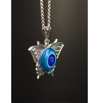 Collier Papillon et Cabochon en Verre – Bleu  - 60 cm