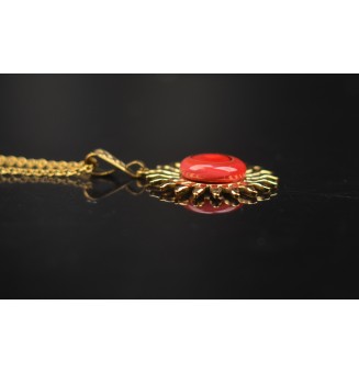 Collier Soleil ROUGE CORAIL en Acier Inoxydable doré avec Perle de Verre Filé 43+3 cm