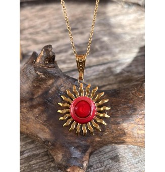 Collier Soleil ROUGE CORAIL en Acier Inoxydable doré avec Perle de Verre Filé 43+3 cm