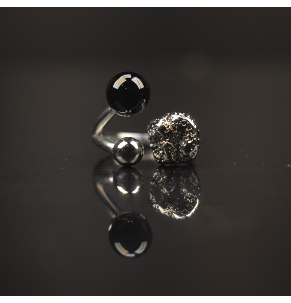 Bague réglable acier inoxydable avec perle de verre – Nouveau modèle - Noir