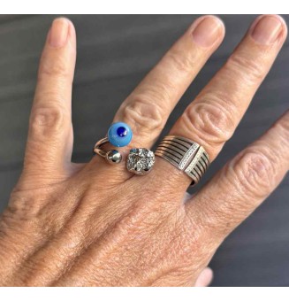 Bague réglable acier inoxydable avec perle de verre – Nouveau modèle - Divers bleus