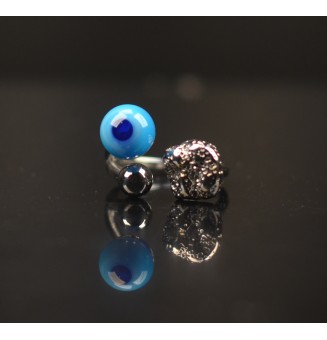 Bague réglable acier inoxydable avec perle de verre – Nouveau modèle - Divers bleus
