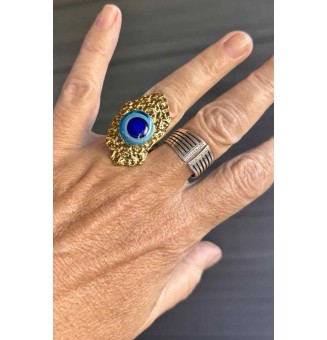 Bague réglable femme "bleu" en acier inoxydable martelé avec cabochon en verre filé – bijou artisanal fait main Liloo Créations