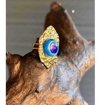 Bague réglable femme "bleu" en acier inoxydable martelé avec cabochon en verre filé – bijou artisanal fait main Liloo Créations