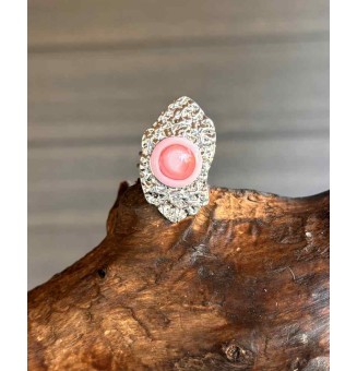 Bague réglable femme en acier inoxydable ROSE martelé avec cabochon en verre filé – bijou artisanal fait main Liloo Créations
