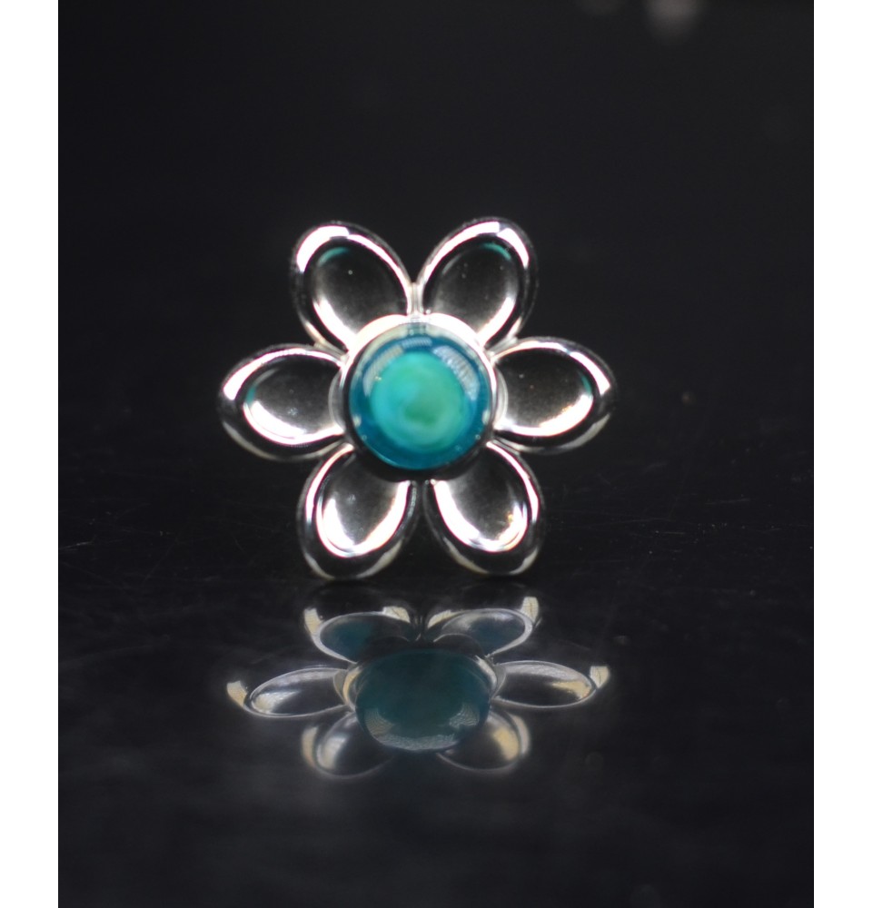 Bague fleur acier inoxydable – Cabochon en verre bleu vert