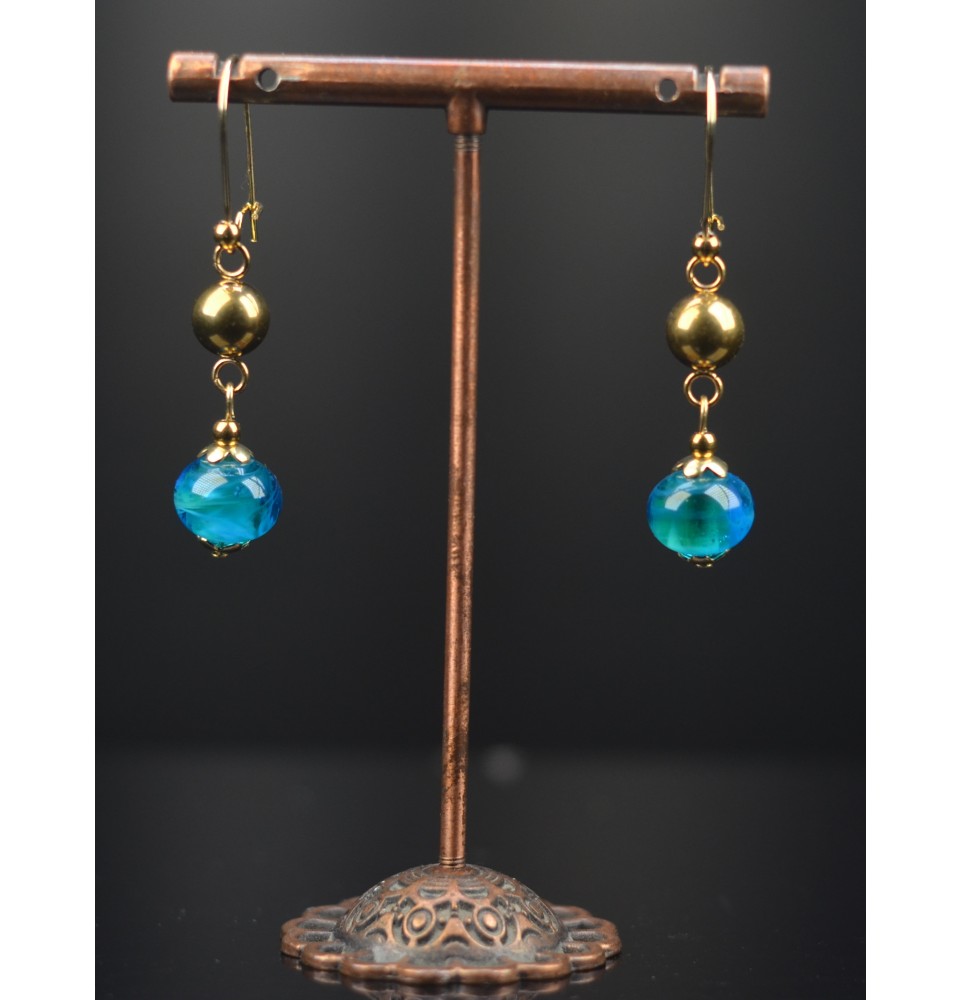Boucles d’oreilles “bleu vert” – Élégance artisanale  - Acier inoxydable doré