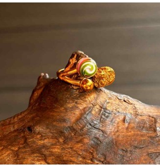 Bague réglable acier inoxydable doré avec perle de verre – Nouveau modèle - Rose / VERT