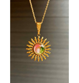 Collier Soleil "rose vert" en Acier Inoxydable doré avec Perle de Verre Filé 44+3 cm