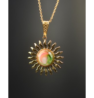 Collier Soleil "rose vert" en Acier Inoxydable doré avec Perle de Verre Filé 44+3 cm