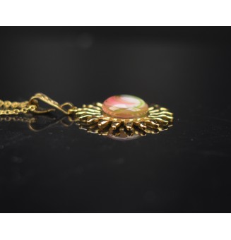 Collier Soleil "rose vert" en Acier Inoxydable doré avec Perle de Verre Filé 44+3 cm