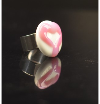 Bague réglable en Verre Filé au Chalumeau COEUR "blanc et violet rosé"  - acier INOXYDABLE