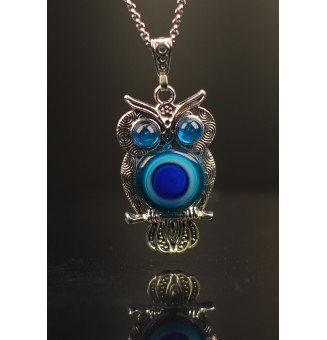 collier hibou 50+ 3 cm "DIVERS BLEUS" perles de verre filé au chalumeau