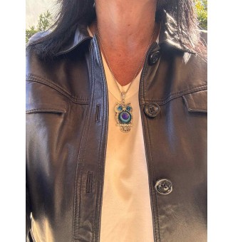 collier hibou 50+ 3 cm "DIVERS BLEUS" perles de verre filé au chalumeau