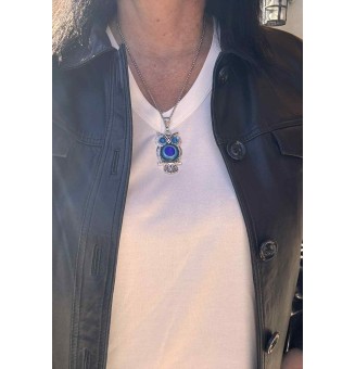 collier hibou 50+ 3 cm "DIVERS BLEUS" perles de verre filé au chalumeau