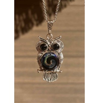 collier hibou 60+ 3 cm "noir bleu metallique" perles de verre filé au chalumeau