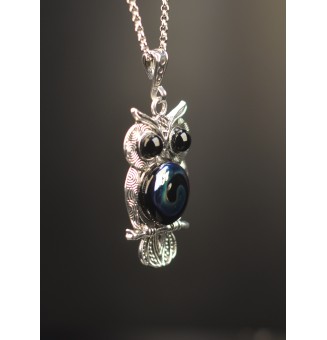 collier hibou 60+ 3 cm "noir bleu metallique" perles de verre filé au chalumeau