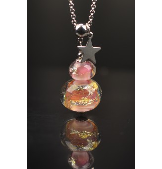 Collier Long – Duo de Perles Artisanales en Verre Filé Rose & Feuille d’Argent – Pièce Unique