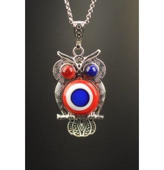 collier hibou 46+ 3 cm "BLEU BLANC ROUGE " perles de verre filé au chalumeau