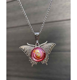 Collier Papillon et Cabochon en Verre – rose et or  - 46 cm