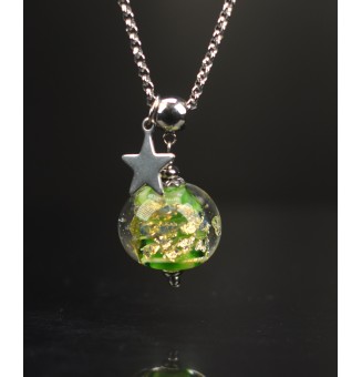 Collier "VERT rosetta et or" en Perles de Verre et acier inoxydable 70 cm