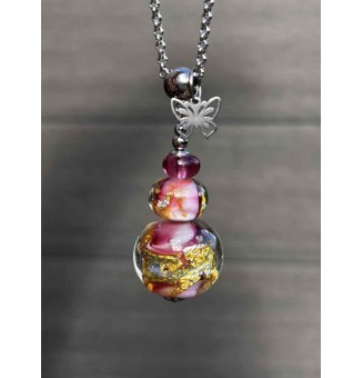Collier Long – Trio de Perles Artisanales en Verre Filé Rose & Feuille d’Argent – Pièce Unique