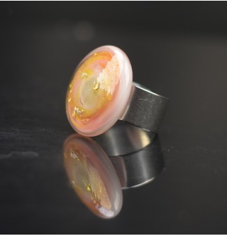 Bague réglable en acier inoxydable – Cabochon en verre filé artisanal ROSE, feuille d’argent (pièce unique)