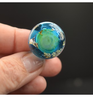 Bague réglable en acier inoxydable – Cabochon en verre filé artisanal bleu & vert, feuille d’argent (pièce unique)