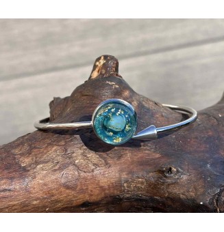 Bracelet pliable en acier inoxydable – Cabochon "bleu et OR" en verre filé - pour poignets de 17.5 à 19 cm