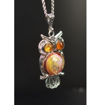 collier hibou 50+ 3 cm "ROSE ET OR" perles de verre filé au chalumeau