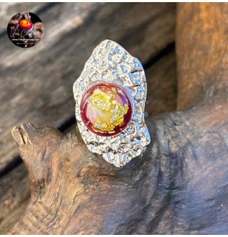 Bague réglable femme en acier inoxydable martelé avec cabochon en verre filé – bijou artisanal fait main Liloo Créations
