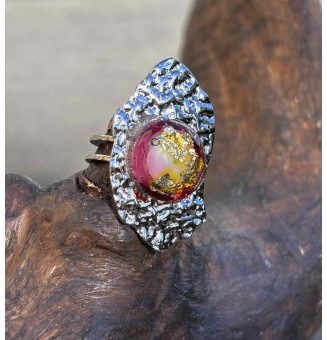 Bague réglable femme en acier inoxydable martelé avec cabochon en verre filé – bijou artisanal fait main Liloo Créations