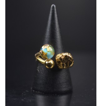 Bague réglable acier inoxydable doré avec perle de verre – Nouveau modèle - bleu et or