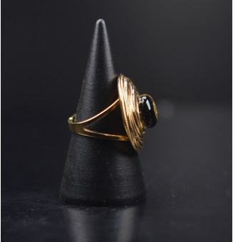 Bague en Verre Filé au Chalumeau "noir et or"  - acier INOXYDABLE doré
