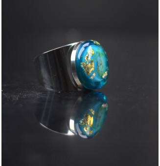 Bague Large avec Cabochon en Verre Filé – Modèle Unique - bleu et or