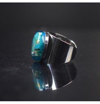 Bague Large avec Cabochon en Verre Filé – Modèle Unique - bleu et or