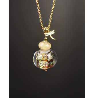 Collier long en perles artisanales en verre filé – Dégradé ambré & feuille d’argent