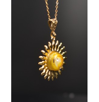 Collier Soleil jaune  en Acier Inoxydable doré avec Perle de Verre Filé 43+3 cm