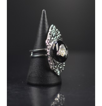 Bague réglable femme "NOIR ARGENT" en acier inoxydable martelé avec cabochon en verre filé – bijou artisanal