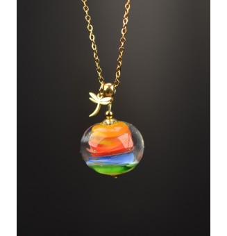 Collier long doré – Perle de verre multicolore & breloque libellule